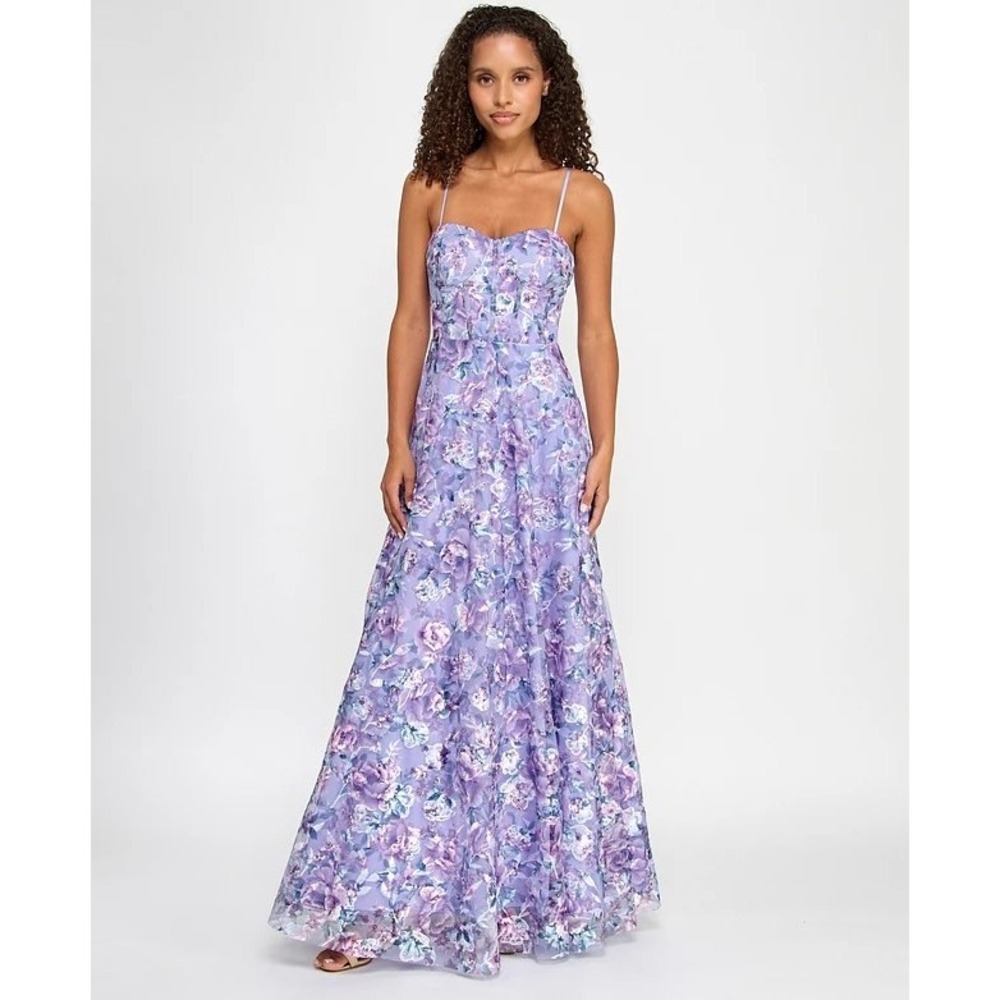 Trixxi Purple Floral Embroidered Mesh Corset Maxi 1 Homecoming Prom Dress Whimsy